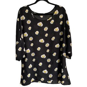 Allegra K Black Sunflowers 3/4 Sleeves Round Neck Tunic Top Women Size XL